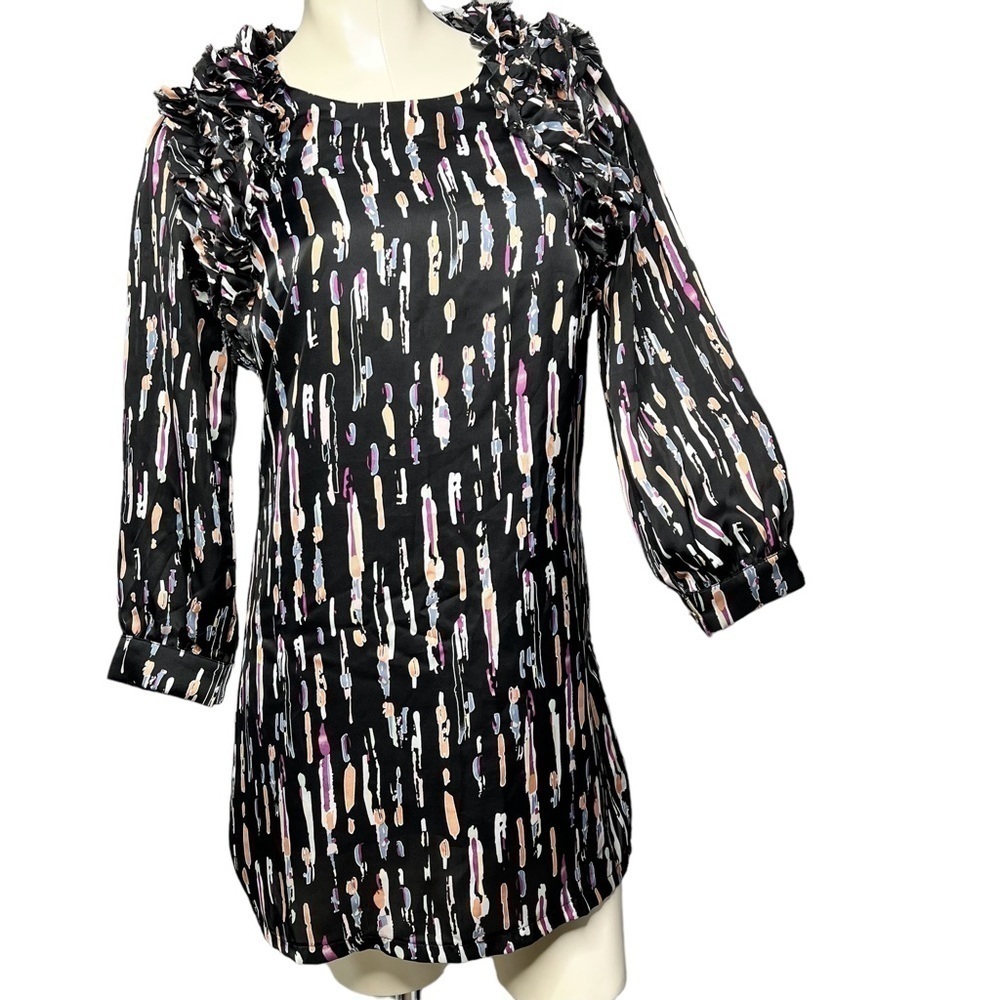 LAUNDRY ROOM Retro Multicolor Long Sleeve Ruffle Lined Mini Dress Size M